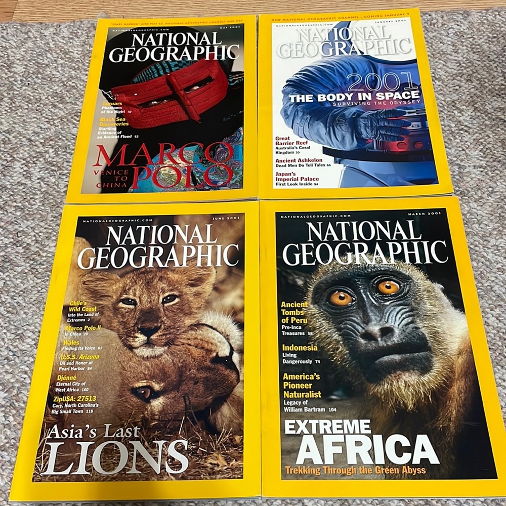 Four National Geographic Magazine 2001, January, March, May & June